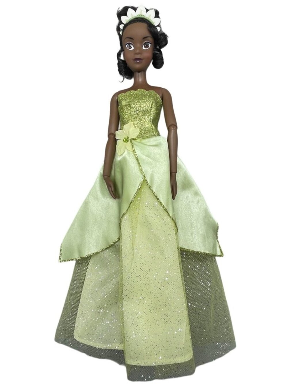 Disney Princess Tiana Doll In Green Glitter Dress With Flower Accent 11.5" READ